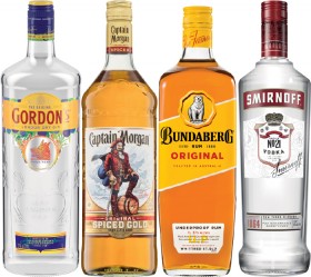 Gordons-Dry-Gin-Captain-Morgan-Spiced-Gold-Rum-Bundaberg-UP-Rum-or-Smirnoff-Red-Label-Vodka-1-Litre on sale