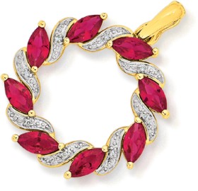 9ct-Gold-Created-Ruby-Diamond-Circle-Pendant on sale