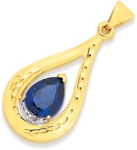 9ct-Gold-Created-Sapphire-Diamond-Open-Teardrop-Pendant on sale