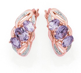 9ct-Rose-Gold-Pink-Amethyst-Diamond-Trilogy-Swirl-Earrings on sale
