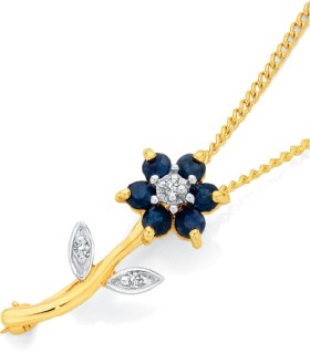 9ct-Gold-Sapphire-Diamond-Flower-Two-Way-Brooch-Pendant on sale