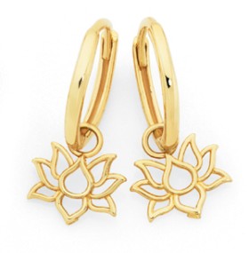 9ct-Gold-Lotus-Flower-Drop-Huggie-Earrings on sale