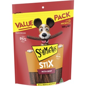 Schmackos-Stix-with-Beef-Dog-Treats-500g on sale