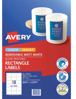 Avery+18UP+Inkjet+Laser+Removable+Labels+White+10+Sheets