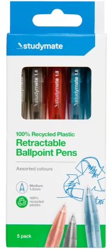 Studymate+Recycled+PET+Ballpoint+Pens+5+Pack+Assorted