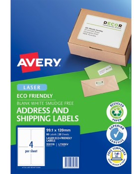 Avery+4UP+Laser+Eco+Friendly+Shipping+Labels+White+20+Sheets