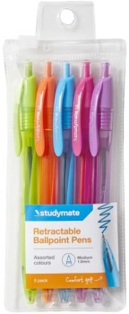 Studymate-Retractable-Ballpoint-Pens-1mm-Fashion-5-Pack on sale