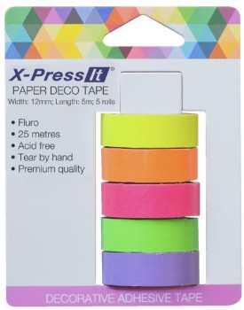 X-Press+It+Deco+Tape+Roll+Fluoro+12mm+x+5m+5+Pack