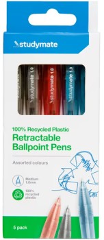 Studymate+Recycled+PET+Ballpoint+Pens+5+Pack+Assorted