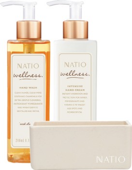 Natio-Golden-Halo-Hand-Wash-240mL-Intensive-Hand-Cream-240mL-with-Bamboo-Fibre-Caddy on sale