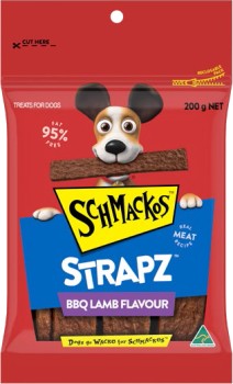 Schmackos-Strapz-Dog-Treats-BBQ-Lamb-Bag-200g on sale