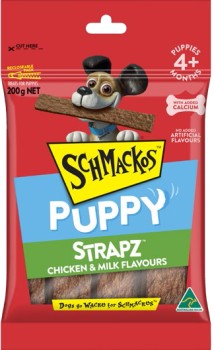 Schmackos-Strapz-Puppy-Chicken-Milk-Flavour-200g on sale