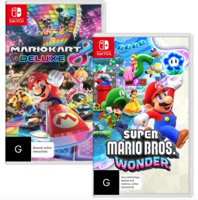 Nintendo-Switch-Mario-Kart-8-Deluxe-or-Super-Mario-Bros-Wonder on sale