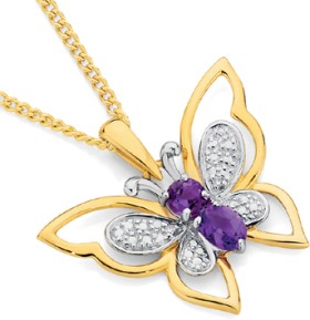 9ct-Gold-Amethyst-Diamond-Butterfly-Pendant on sale