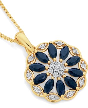 9ct-Gold-Sapphire-Diamond-Wreath-Flower-Pendant on sale