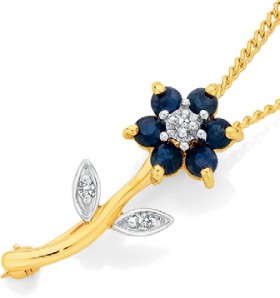 9ct-Gold-Sapphire-Diamond-Flower-Two-Way-Brooch-and-Pendant on sale