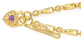 9ct-Gold-19cm-Solid-Tulip-Link-Amethyst-Padlock-Bracelet on sale