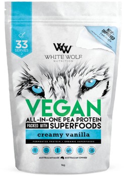 White-Wolf-Nutrition-Vegan-Protein-With-Superfoods-Creamy-Vanilla-1Kg on sale