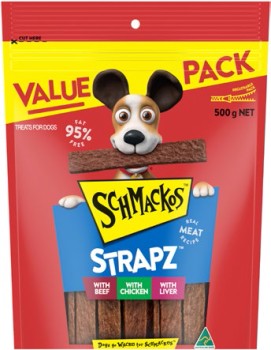 Schmackos-Strapz-Dog-Treat-Variety-Pack-500g on sale