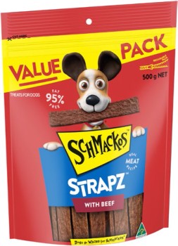 Schmackos-Strapz-Dog-Treat-Beef-500g on sale
