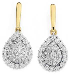 9ct-Gold-Two-Tone-Diamond-Pear-Cluster-Drop-Stud-Earrings on sale