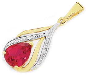9ct-Gold-Created-Ruby-Diamond-Teardrop-Pendant on sale