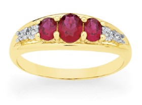 9ct-Gold-Created-Ruby-Diamond-Tilogy-Ring on sale