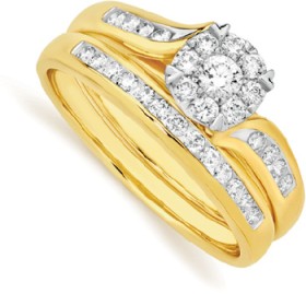 9ct-Gold-Diamond-Round-Brilliant-Cut-Cluster-Swirl-Bridal-Set on sale