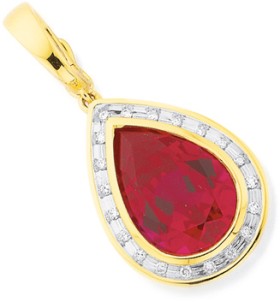 9ct-Gold-Created-Ruby-Diamond-Pear-Shape-Pendant on sale