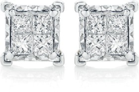 9ct-Gold-Diamond-Two-Tone-Invisible-Princess-Cut-Stud-Earrings on sale
