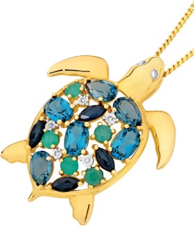 9ct-Gold-Multi-Gemstone-Diamond-Turtle-Pendant on sale