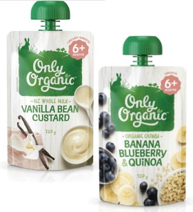 Only-Organic-Banana-Blueberry-Quinoa-or-Vanilla-Bean-Custard-6-Months-120g on sale