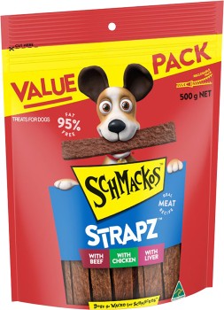 Schmackos-Strapz-Dog-Treats-500g-Variety-Pack on sale