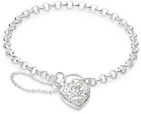 Sterling-Silver-19cm-Cubic-Zirconia-Heart-Bezel-Filigree-Padlock-Bracelet on sale