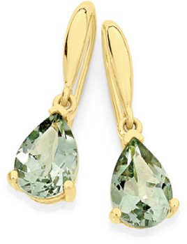 9ct-Gold-Green-Amethyst-Pear-Shape-Earrings on sale