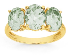 9ct-Gold-Green-Amethyst-Oval-Trilogy-Ring on sale