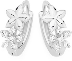 Sterling-Silver-Cubic-Zirconia-Plain-2-Flowers-Hoop-Earrings on sale