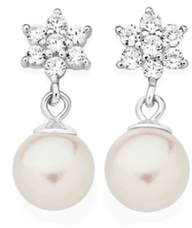Sterling-Silver-Syn-Pearl-On-Cubic-Zirconia-Flower-Drop-Earrings on sale