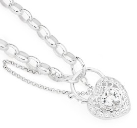 Sterling-Silver-Cubic-Zirconia-Halo-Heart-Oval-Belcher-Padlock-Bracelet on sale