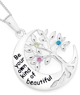 Sterling-Silver-Multi-Colour-Cubic-Zirconia-Tree-Moon-Message-Pendant on sale