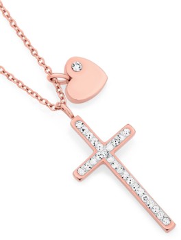 Rose-Plated-Stainless-Steel-Crystal-Cross-with-Heart-Charm-Pendant on sale