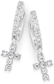 Sterling-Silver-Cubic-Zirconia-Cluster-Cross-On-Huggie-Earrings on sale