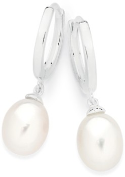 Sterling-Silver-Cultured-Freshwater-Pearl-Drop-On-Huggie-Earrings on sale