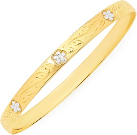 9ct-Gold-Two-Tone-65mm-Solid-Flower-Bangle on sale