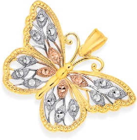 9ct-Tri-Tone-Gold-Filigree-Butterfly-Pendant on sale