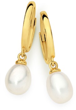 9ct-Gold-Cultured-Freshwater-Pearl-Drop-Huggie-Earrings on sale