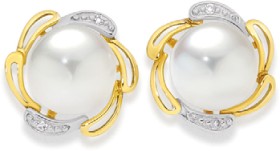 9ct-Gold-Cultured-Freshwater-Pearl-Diamond-Flower-Stud-Earrings on sale