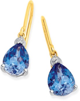 9ct-Gold-Created-Ceylon-Sapphire-Diamond-Pear-Shape-Hook-Earrings on sale