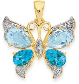 9ct-Gold-Multi-Topaz-Diamond-Butterfly-Pendant on sale