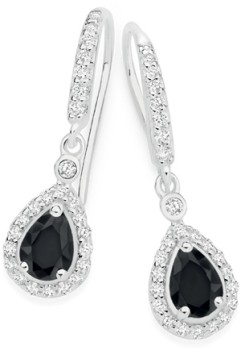 Sterling-Silver-Pear-Black-Cubic-Zirconia-Cluster-Hook-Earrings on sale